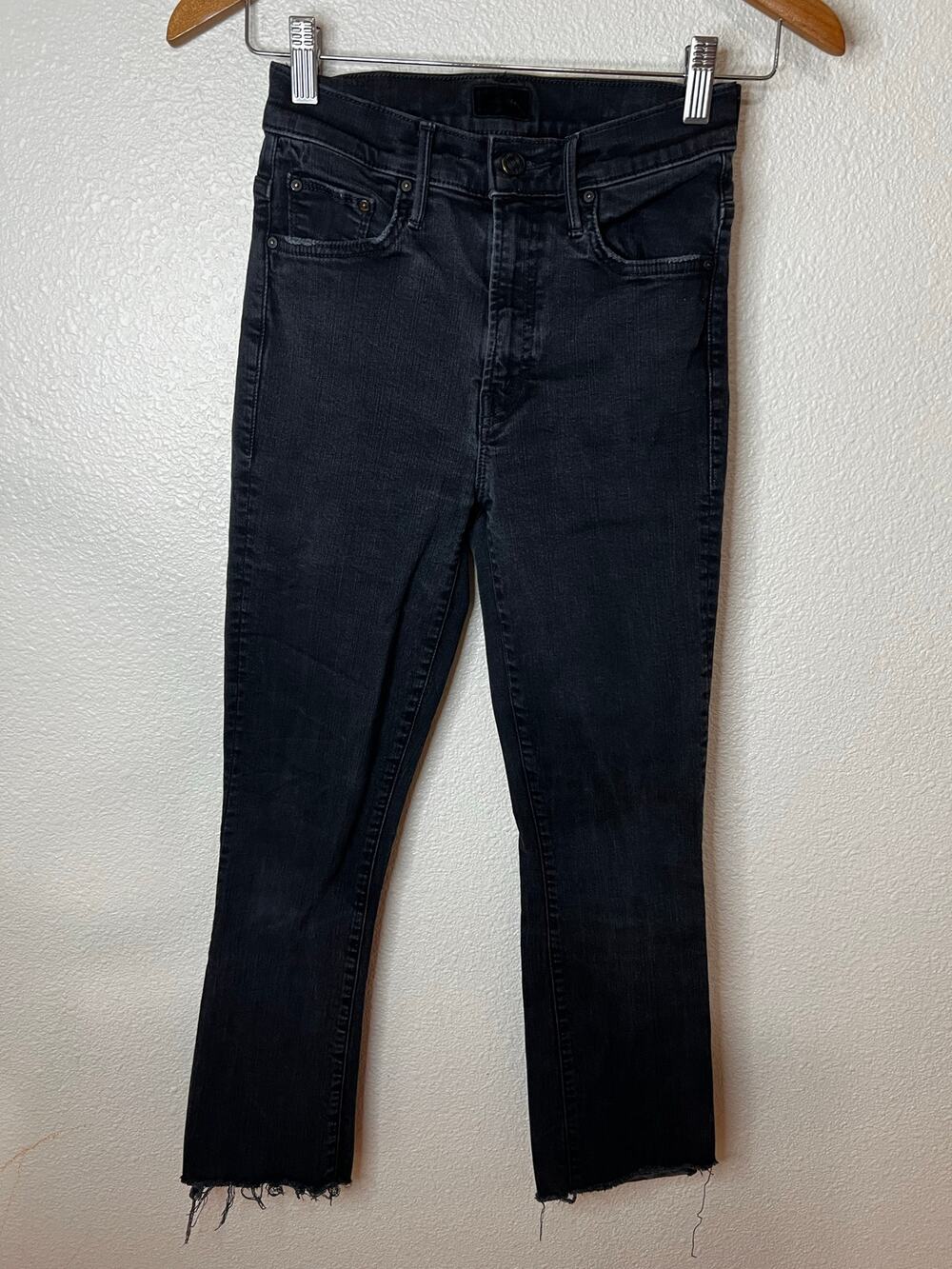 Mother Insider Crop Step Fray Raw Hemline Jeans in not guilty faded black 24